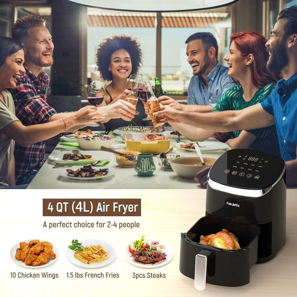 Air Fryer, Fabuletta 9 Customizable Smart Cooking Programs Compact 4QT Air Fryers, Shake Reminder, 450°F Digital Airfryer,Tempered Glass Display, Dishwasher-Safe, Fit for 2-4 People