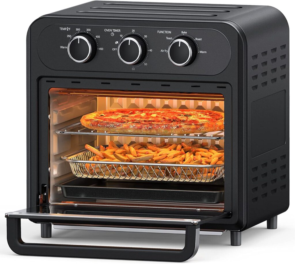 Air Fryer, Paris Rhône 15QT Toaster Oven Countertop, 450℉ Food Dehydrator, Knob-Controlled Freidora de Aire for Easy, Oil Less and Healthy Meals with Nonstick Dishwasher Safe Basket and Trays (Black)