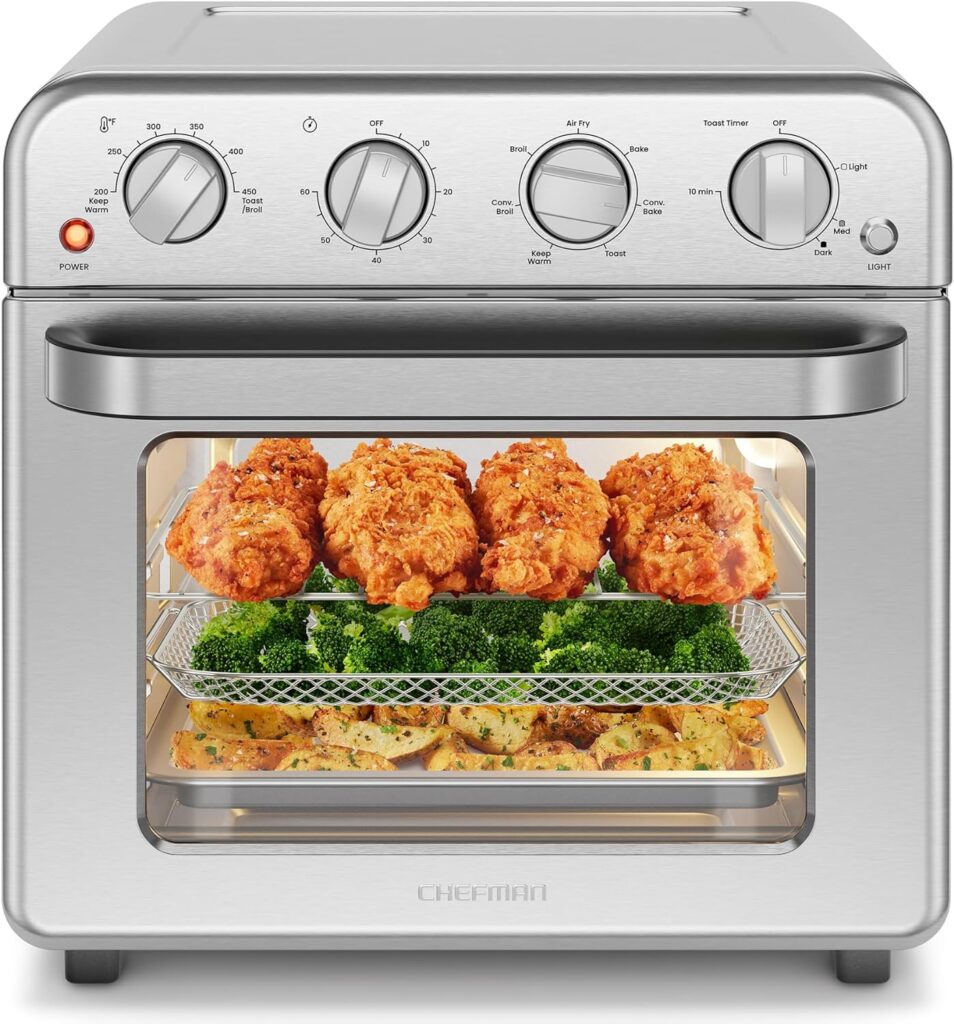 Chefman Air Fryer Toaster Oven Combo, 7-in-1, Convection Oven Countertop Extra Large 19 Quart Oven Air Fryer, Cook a 10-Inch Pizza, 4 Slice Toaster, Integrated Timer, Auto-Shutoff, Stainless Steel