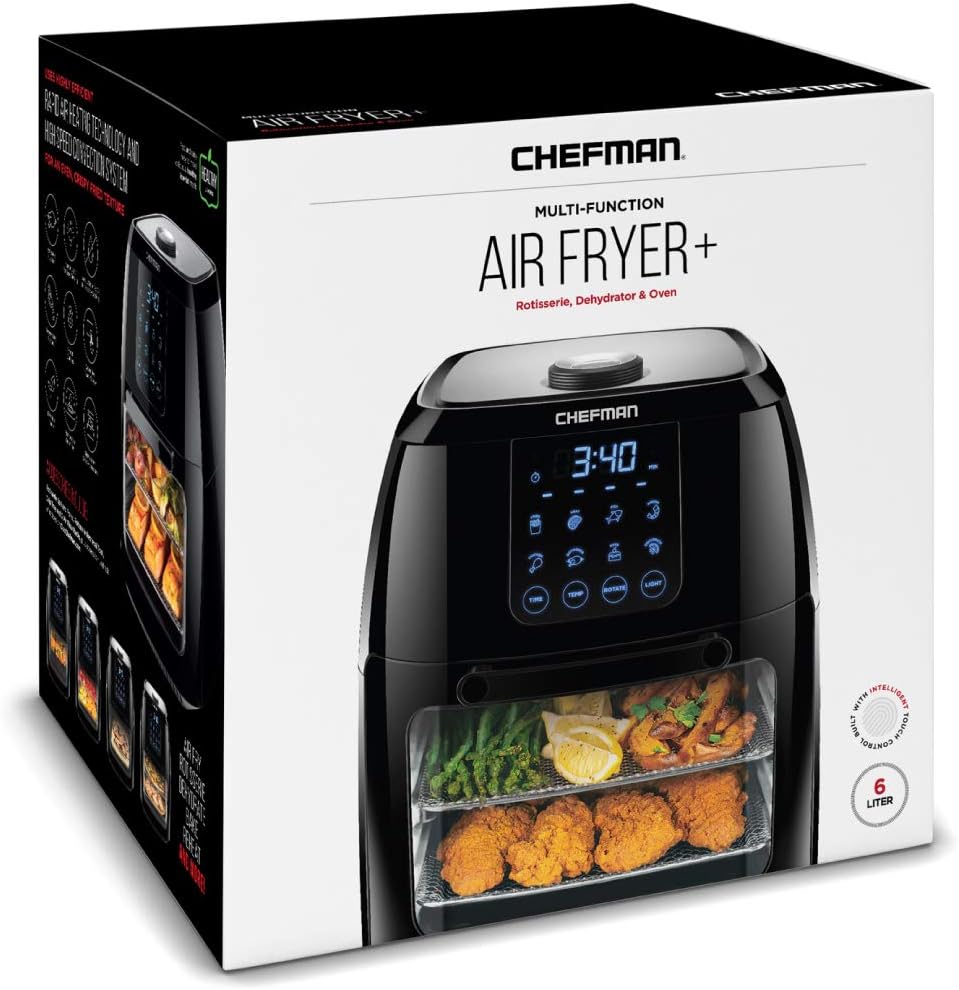 CHEFMAN Multifunctional Digital Air Fryer+ Rotisserie, Dehydrator, Convection Oven, 17 Touch Screen Presets Fry, Roast, Dehydrate, Bake, XL 10L Family Size, Auto Shutoff, Large Easy-View Window, Black