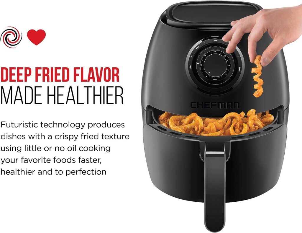 CHEFMAN Small Air Fryer Healthy Cooking, 3.6 Qt, Nonstick, User Friendly and Dual Control Temperature, w/ 60 Minute Timer  Auto Shutoff, Dishwasher Safe Basket, Matte Black, Cookbook Included