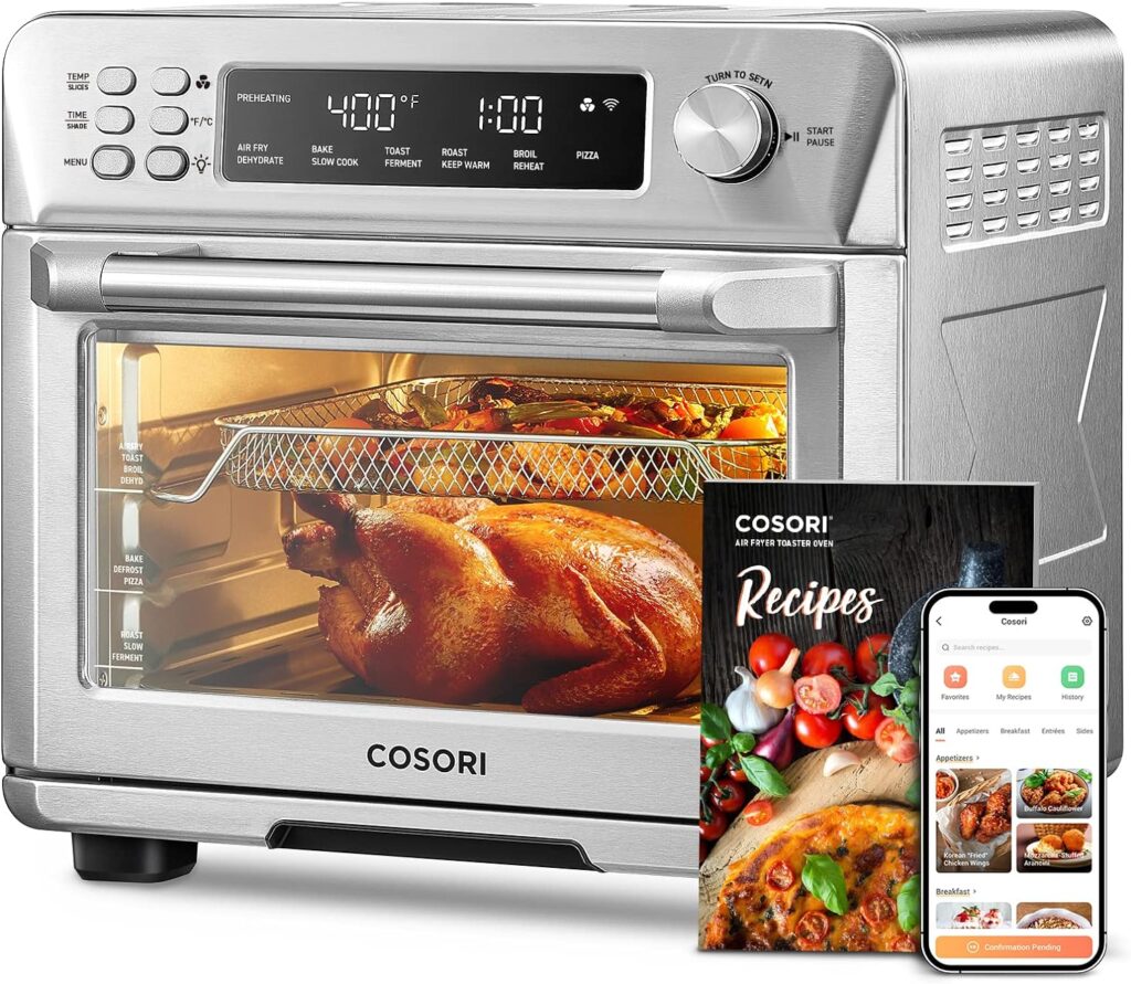 COSORI Air Fryer Toaster Oven, 12-in-1, 26QT Convection Oven Countertop, Stainless Steel with Toast Bake and Broil, Smart, 6 Slice Toast, 12 Pizza, 75 RecipesAccessories