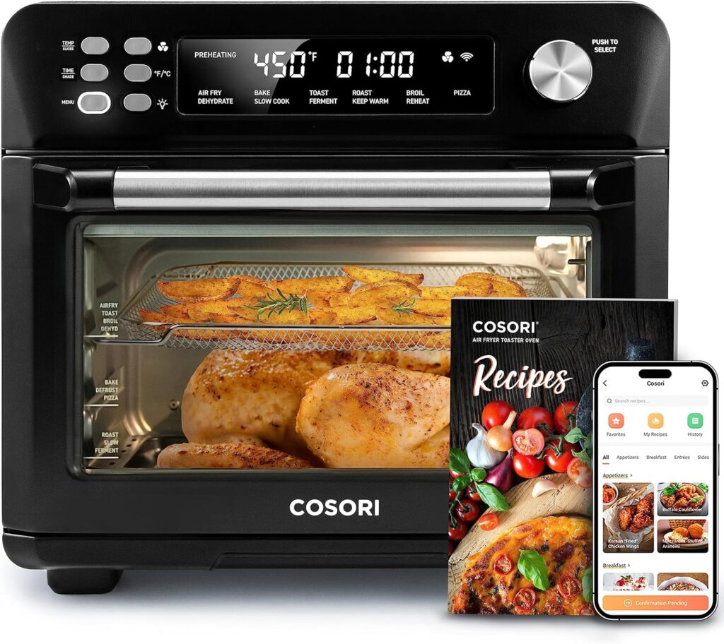 COSORI Air Fryer Toaster Oven, 12-in-1, 26QT Convection Oven Countertop, Stainless Steel with Toast Bake and Broil, Smart, 6 Slice Toast, 12 Pizza, 75 RecipesAccessories