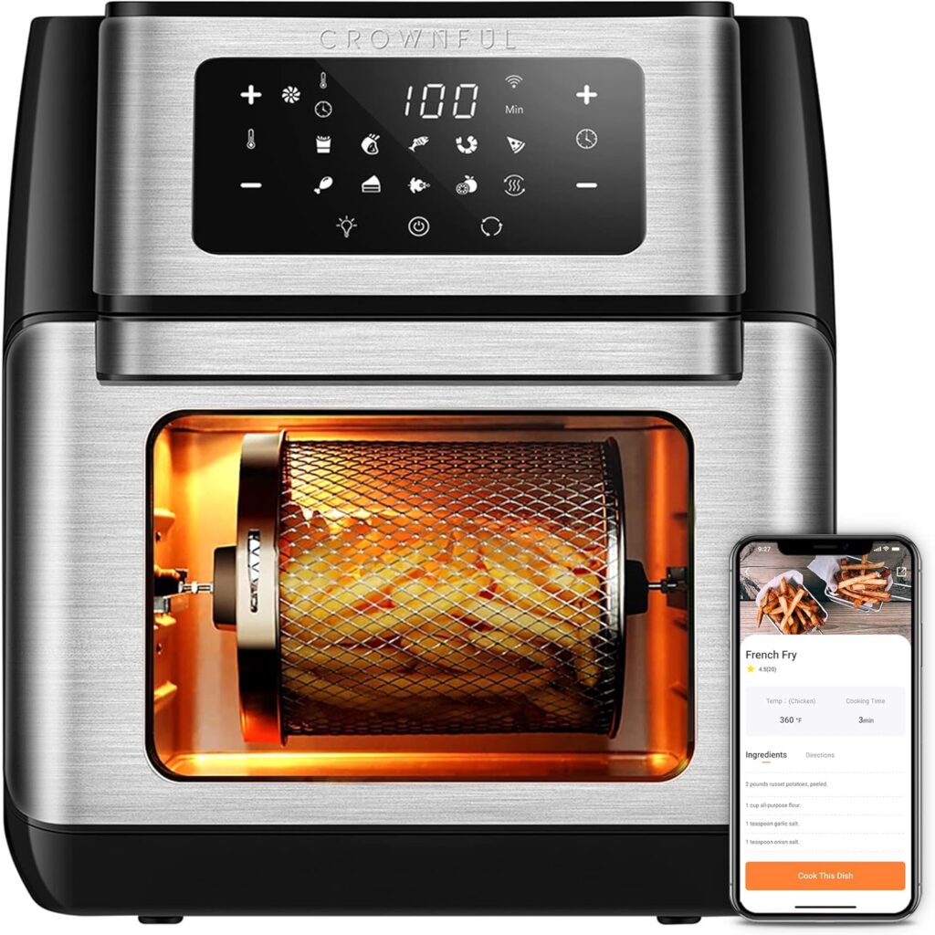 CROWNFUL Smart Air Fryer, 10.6 Quart Large WiFi Convection Toaster Oven Combo with Rotisserie  Dehydrator, Works with Alexa  Google Assistant, Accessories and Online Cookbook Included