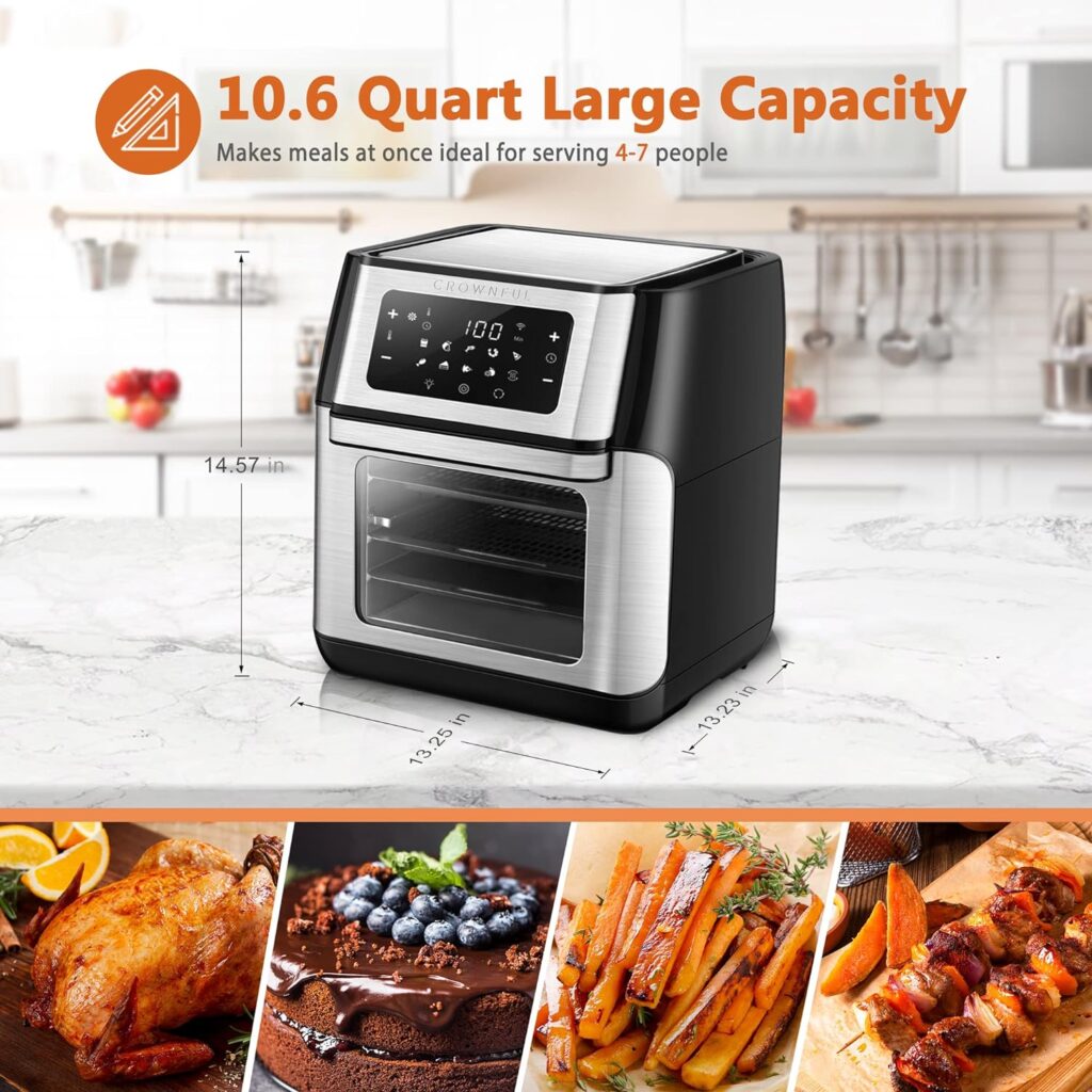 CROWNFUL Smart Air Fryer, 10.6 Quart Large WiFi Convection Toaster Oven Combo with Rotisserie  Dehydrator, Works with Alexa  Google Assistant, Accessories and Online Cookbook Included