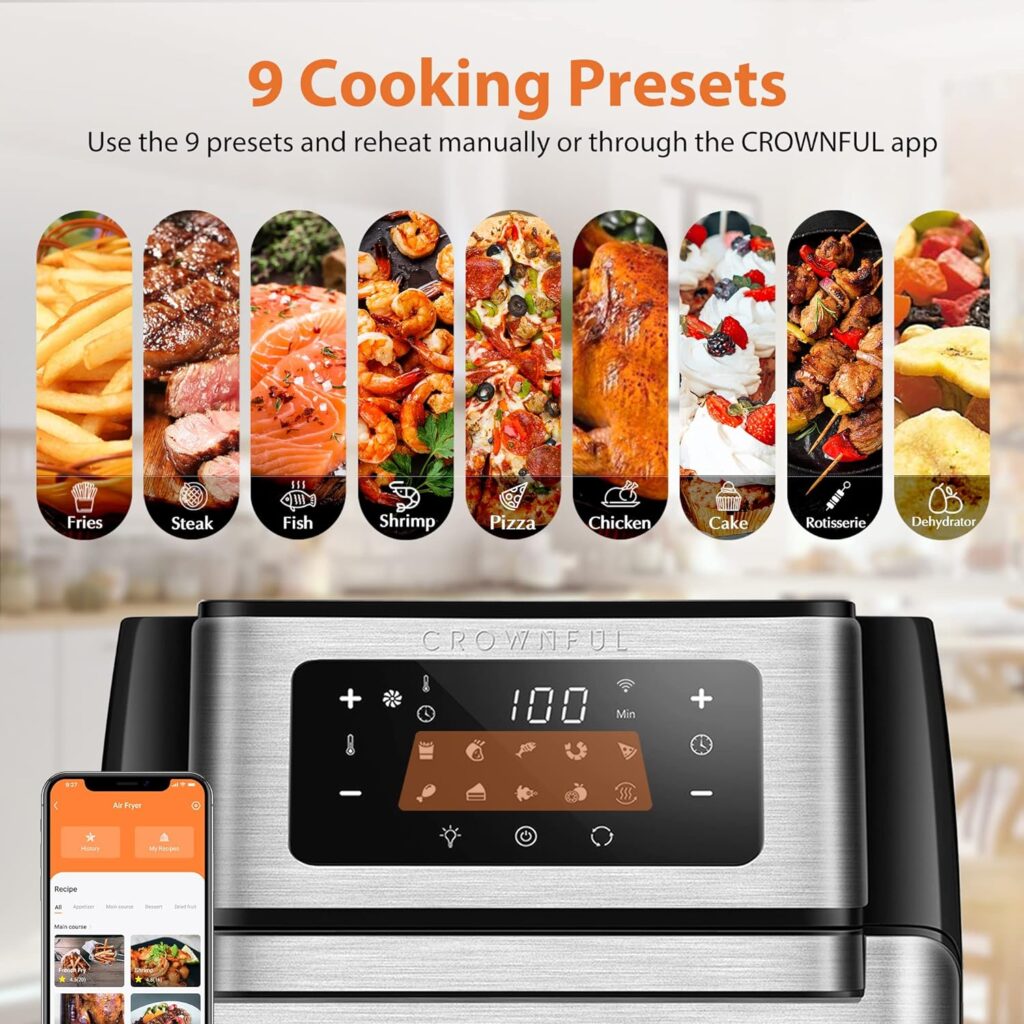 CROWNFUL Smart Air Fryer, 10.6 Quart Large WiFi Convection Toaster Oven Combo with Rotisserie  Dehydrator, Works with Alexa  Google Assistant, Accessories and Online Cookbook Included