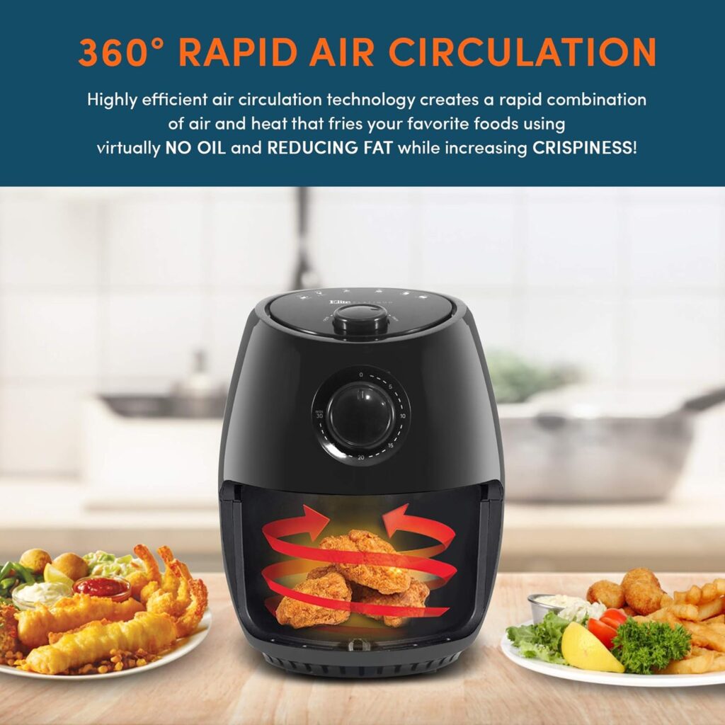 Elite Gourmet EAF-3218 Personal 1.1Qt. Compact Space Saving Electric Hot Air Fryer Oil-Less Healthy Cooker, Timer  Temperature Controls