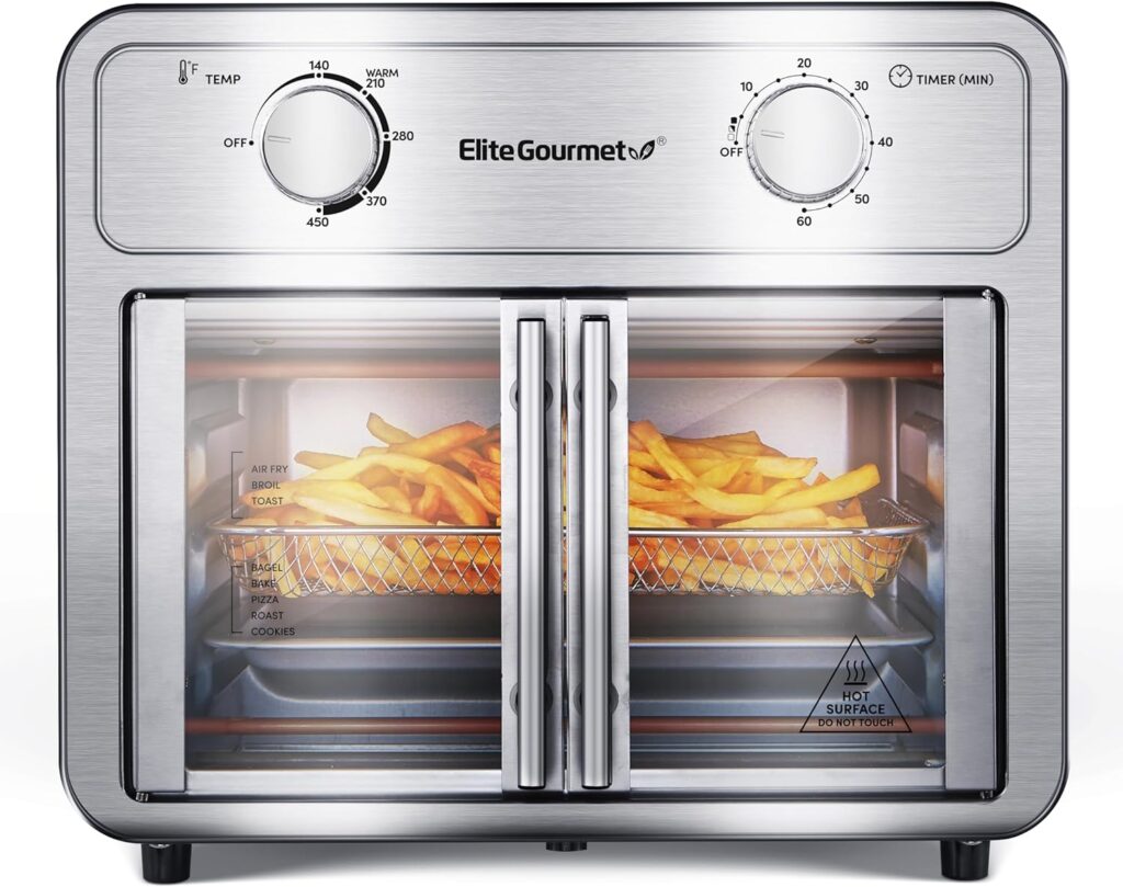 Elite Gourmet EAF1222SS Air Fryer Oven Double French Doors, Bake, Grill, Roast, Broil, Rotisserie, Toast, Warm, Air Fry, Dehydrate, 1500 Watts, with 25 Recipes, 12L. Capacity, Stainless Steel