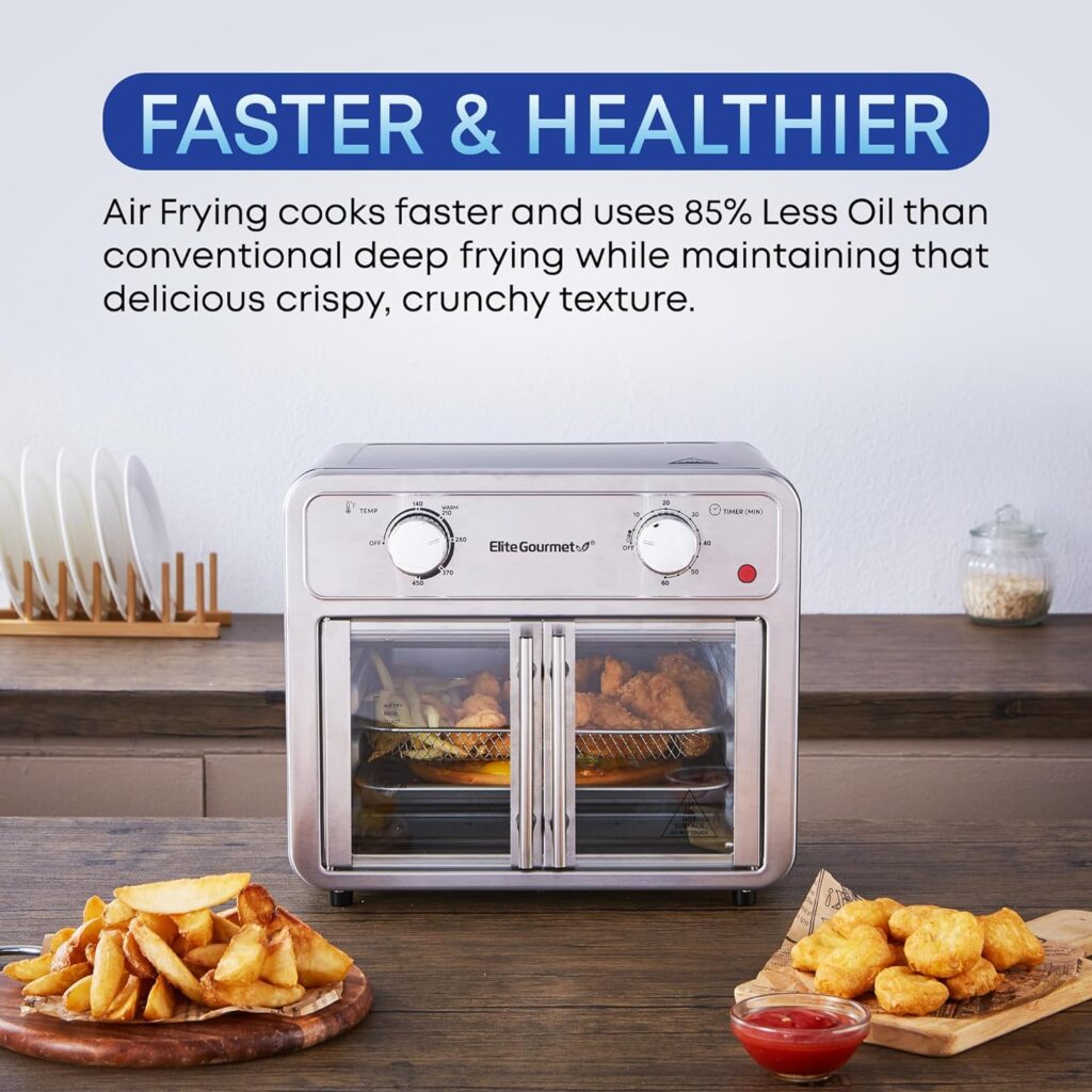 Elite Gourmet EAF1222SS Air Fryer Oven Double French Doors, Bake, Grill, Roast, Broil, Rotisserie, Toast, Warm, Air Fry, Dehydrate, 1500 Watts, with 25 Recipes, 12L. Capacity, Stainless Steel