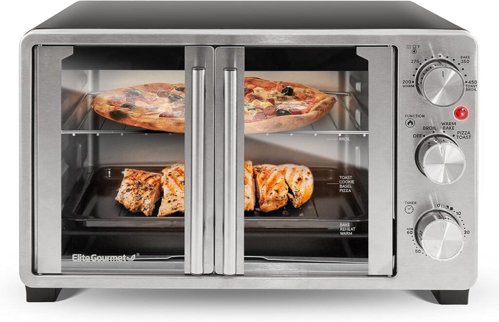 Elite Gourmet EAF1222SS Air Fryer Oven Double French Doors, Bake, Grill, Roast, Broil, Rotisserie, Toast, Warm, Air Fry, Dehydrate, 1500 Watts, with 25 Recipes, 12L. Capacity, Stainless Steel