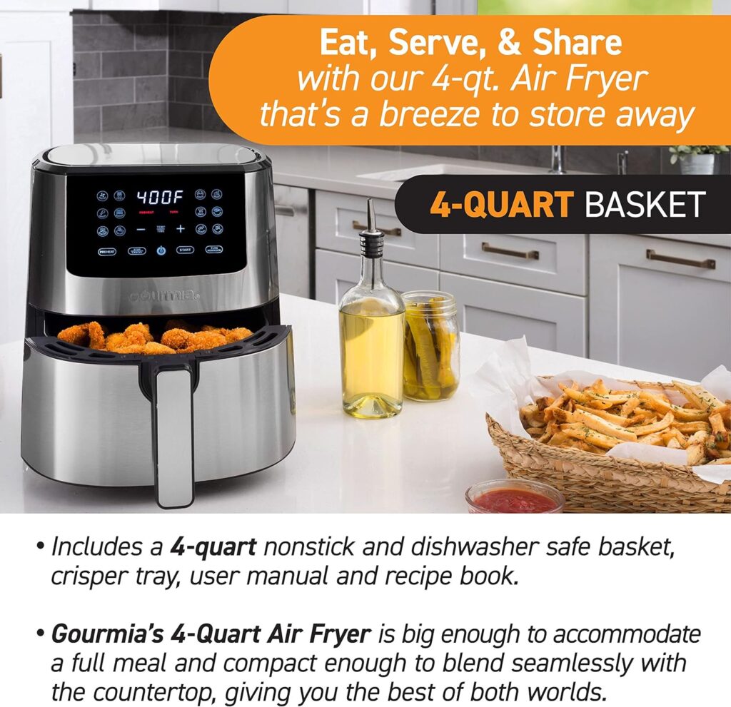 Gourmia Air Fryer Oven Digital Display 6 Quart Large AirFryer Cooker 12 1-Touch Cooking Presets, XL Air Fryer Basket 1500w Power Multifunction Black and Stainless Steel Accents FRY FORCE GAF686