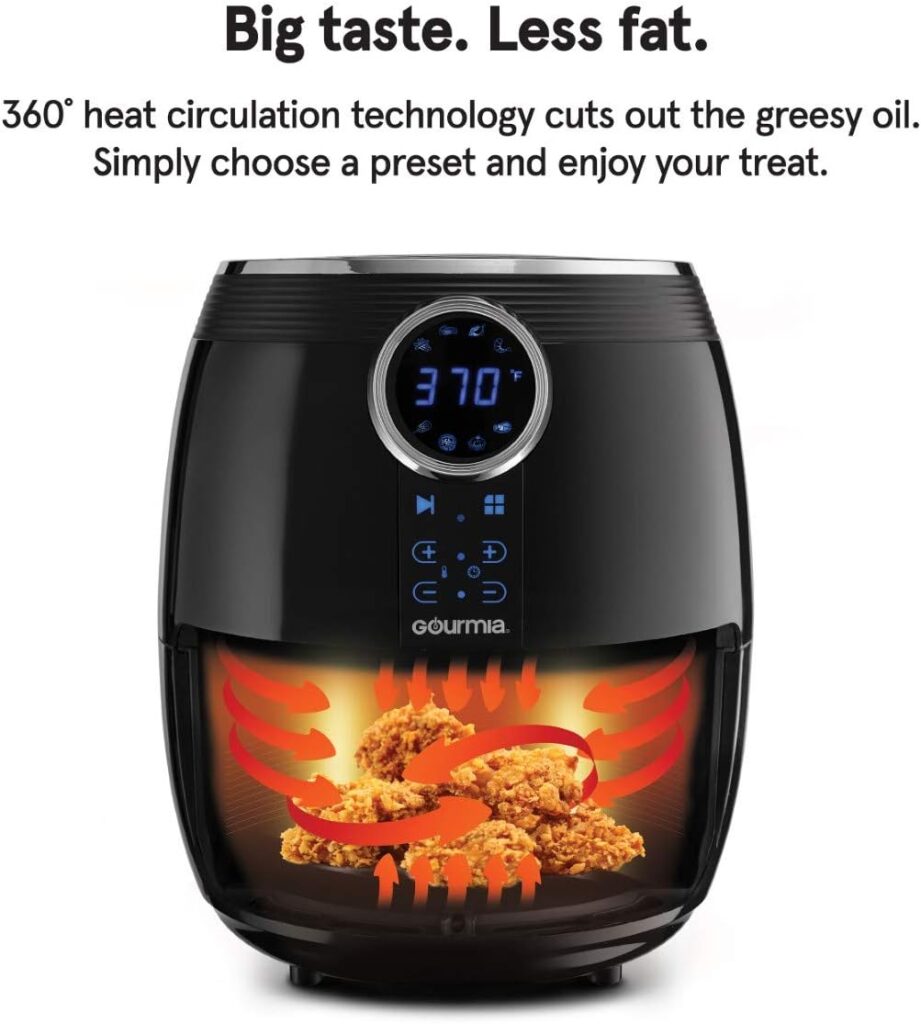 Gourmia Air Fryer Oven Digital Display 6 Quart Large AirFryer Cooker 12 1-Touch Cooking Presets, XL Air Fryer Basket 1500w Power Multifunction Black and Stainless Steel Accents FRY FORCE GAF686