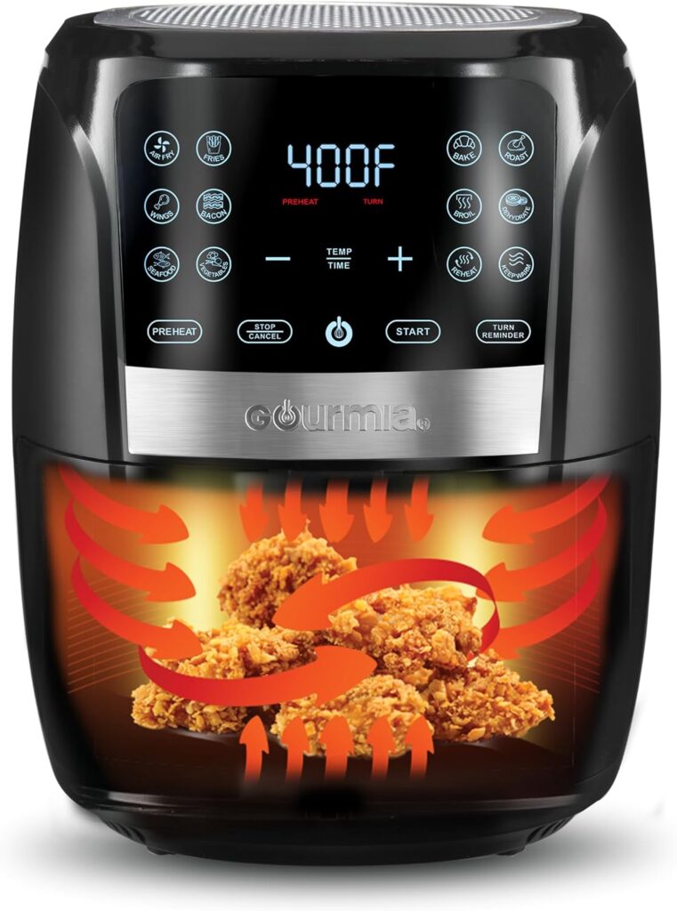 Gourmia Air Fryer Oven Digital Display 6 Quart Large AirFryer Cooker 12 1-Touch Cooking Presets, XL Air Fryer Basket 1500w Power Multifunction Black and Stainless Steel Accents FRY FORCE GAF686
