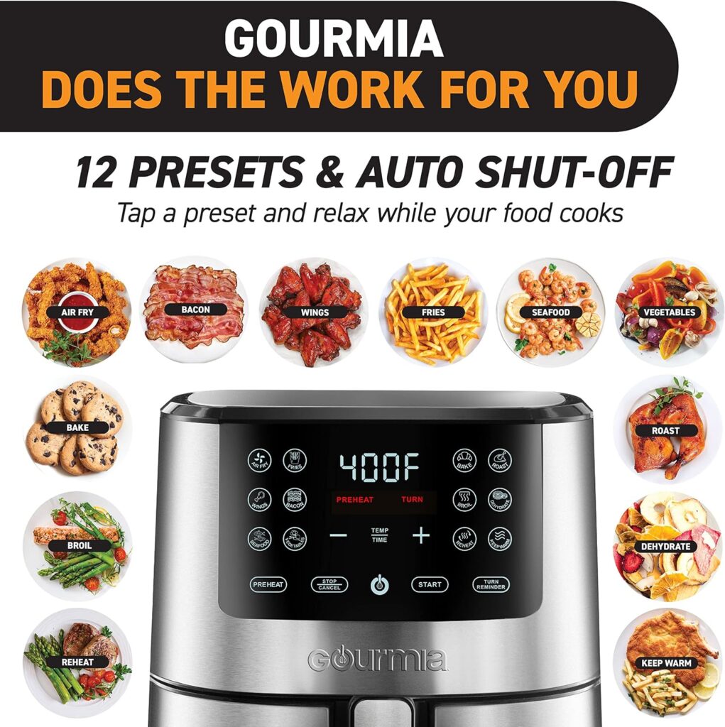 Gourmia Air Fryer Oven Digital Display 6 Quart Large AirFryer Cooker 12 1-Touch Cooking Presets, XL Air Fryer Basket 1500w Power Multifunction Black and Stainless Steel Accents FRY FORCE GAF686
