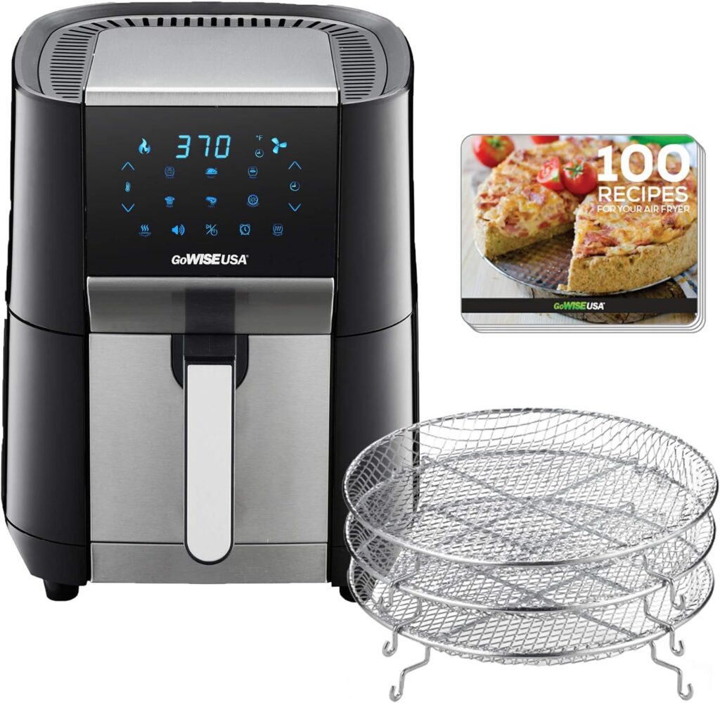 GoWISE USA 7-Quart Air Fryer  Dehydrator - with Ergonomic Touchscreen Display with Stackable Dehydrating Racks with Preheat  Broil Functions + 100 Recipes (Black/Stainless Steel)