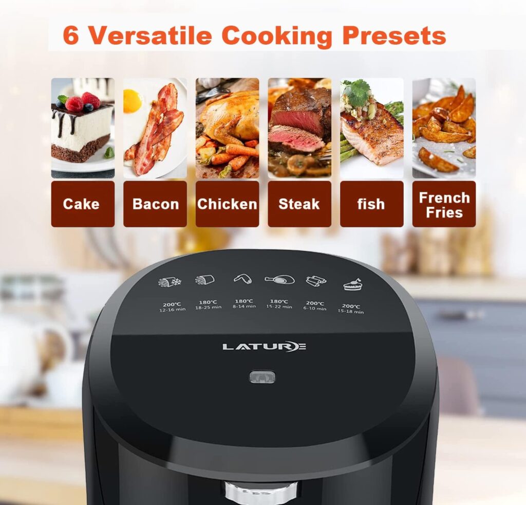 LATURE 4.2 QT Air Fryer Oven Cooker with Temperature and Time Control Dishwasher Non-stick Basket 6 Cook Presets Stainless Steel Tray CE Certified (Black-Knob)