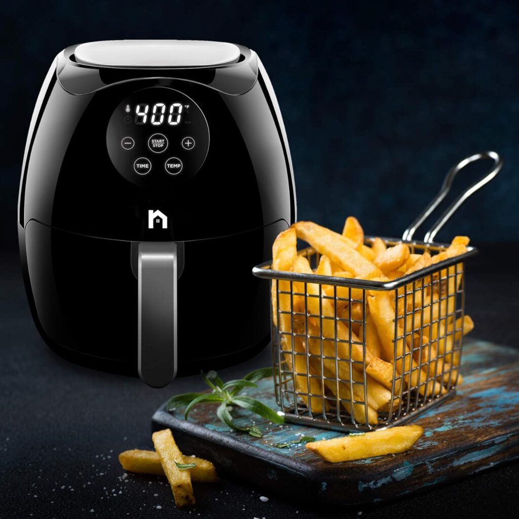 New House Kitchen Digital 3.5 Liter Air Fryer w/ Flat Basket, Touch Screen AirFryer, Non-Stick Dishwasher-Safe Basket, Use Less Oil For Fast Healthier Food, 60 Min Timer  Auto Shut Off, Black