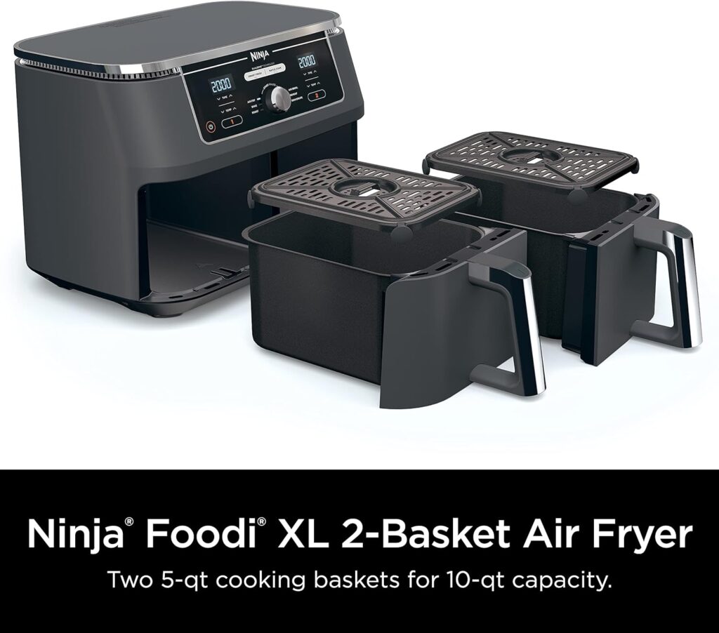 Ninja DZ201 Foodi 8 Quart 6-in-1 DualZone 2-Basket Air Fryer with 2 Independent Frying Baskets, Match Cook  Smart Finish to Roast, Broil, Dehydrate  More for Quick, Easy Meals, Grey