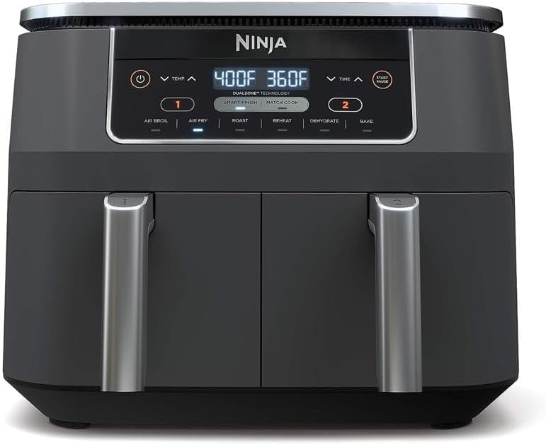 Ninja DZ201 Foodi 8 Quart 6-in-1 DualZone 2-Basket Air Fryer with 2 Independent Frying Baskets, Match Cook  Smart Finish to Roast, Broil, Dehydrate  More for Quick, Easy Meals, Grey