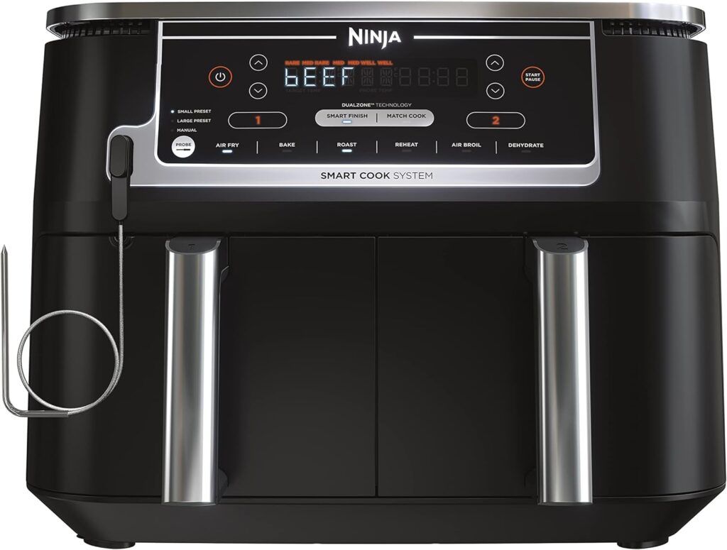 Ninja DZ550 Foodi 10 Quart 6-in-1 DualZone Smart XL Air Fryer with 2 Independent Baskets, Thermometer for Perfect Doneness, Match Cook  Smart Finish to Roast, Dehydrate  More, Grey