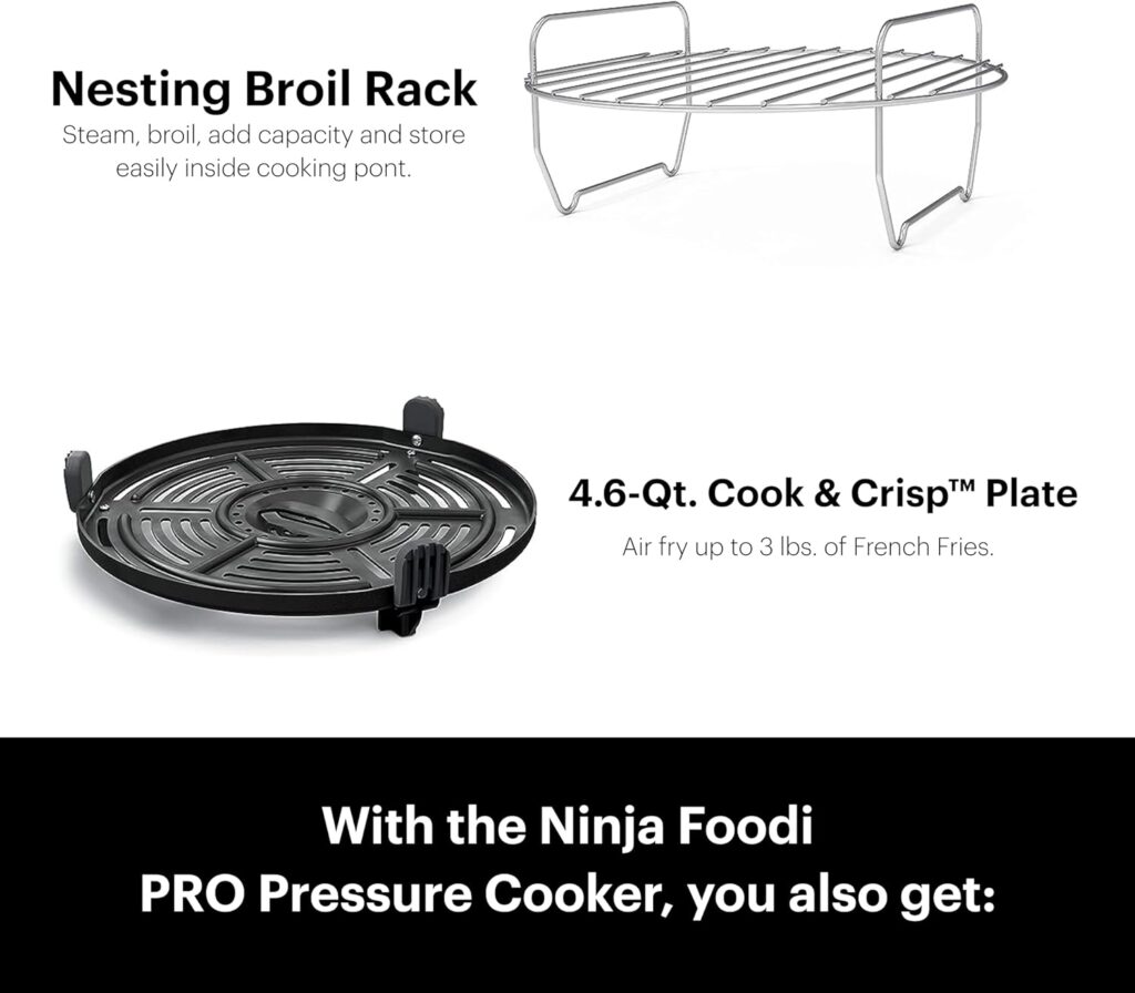 Ninja FD302 Foodi 11-in-1 Pro 6.5 qt. Pressure Cooker  Air Fryer that Steams, Slow Cooks, Sears, Sautés, Dehydrates  More, with 4.6 qt. Crisper Plate, Nesting Broil Rack  Recipe Book, Silver/Black