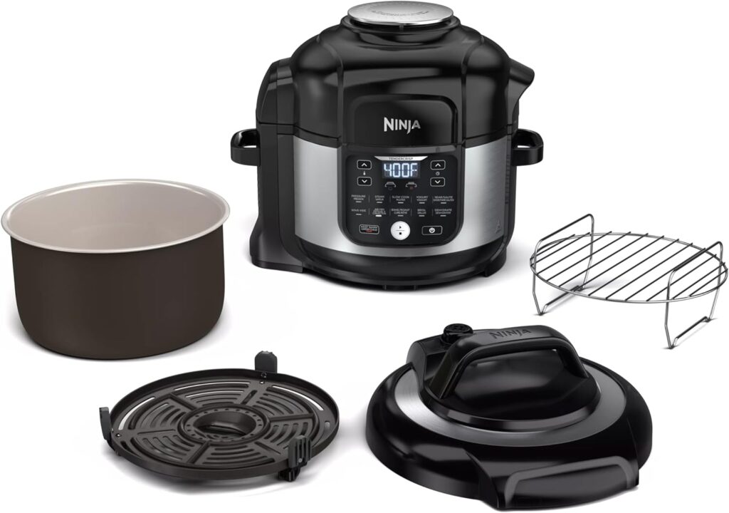 Ninja FD302 Foodi 11-in-1 Pro 6.5 qt. Pressure Cooker  Air Fryer that Steams, Slow Cooks, Sears, Sautés, Dehydrates  More, with 4.6 qt. Crisper Plate, Nesting Broil Rack  Recipe Book, Silver/Black