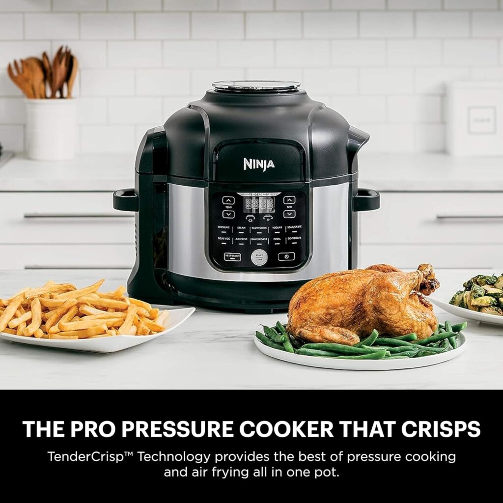 Ninja FD302 Foodi 11-in-1 Pro 6.5 qt. Pressure Cooker  Air Fryer that Steams, Slow Cooks, Sears, Sautés, Dehydrates  More, with 4.6 qt. Crisper Plate, Nesting Broil Rack  Recipe Book, Silver/Black