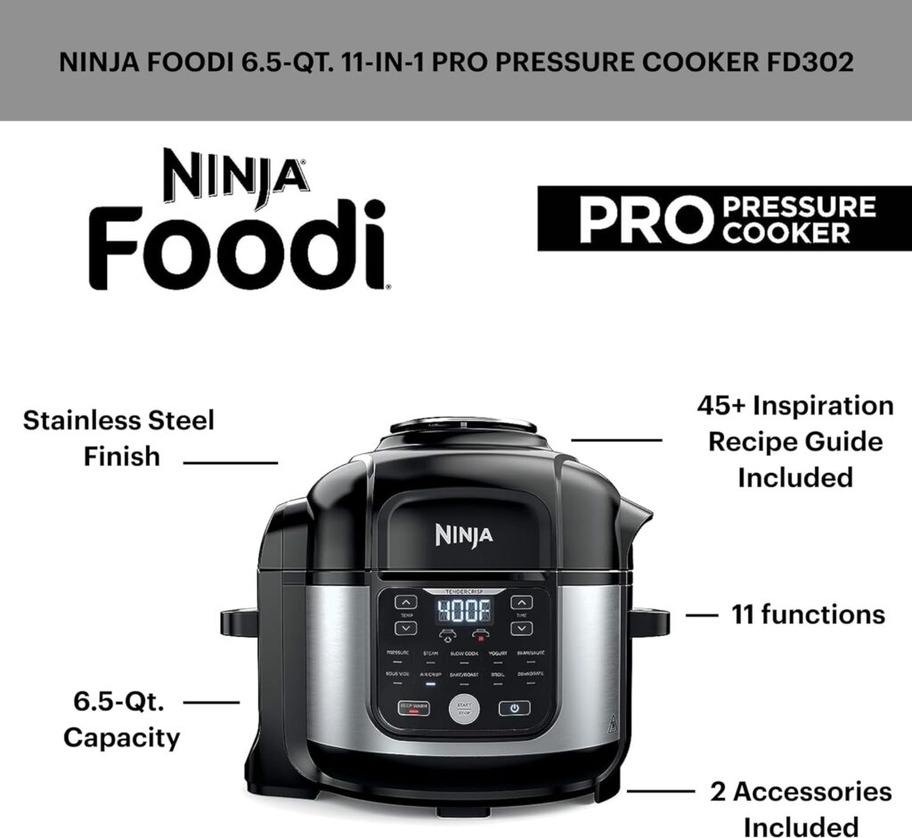 Ninja FD302 Foodi 11-in-1 Pro 6.5 qt. Pressure Cooker  Air Fryer that Steams, Slow Cooks, Sears, Sautés, Dehydrates  More, with 4.6 qt. Crisper Plate, Nesting Broil Rack  Recipe Book, Silver/Black