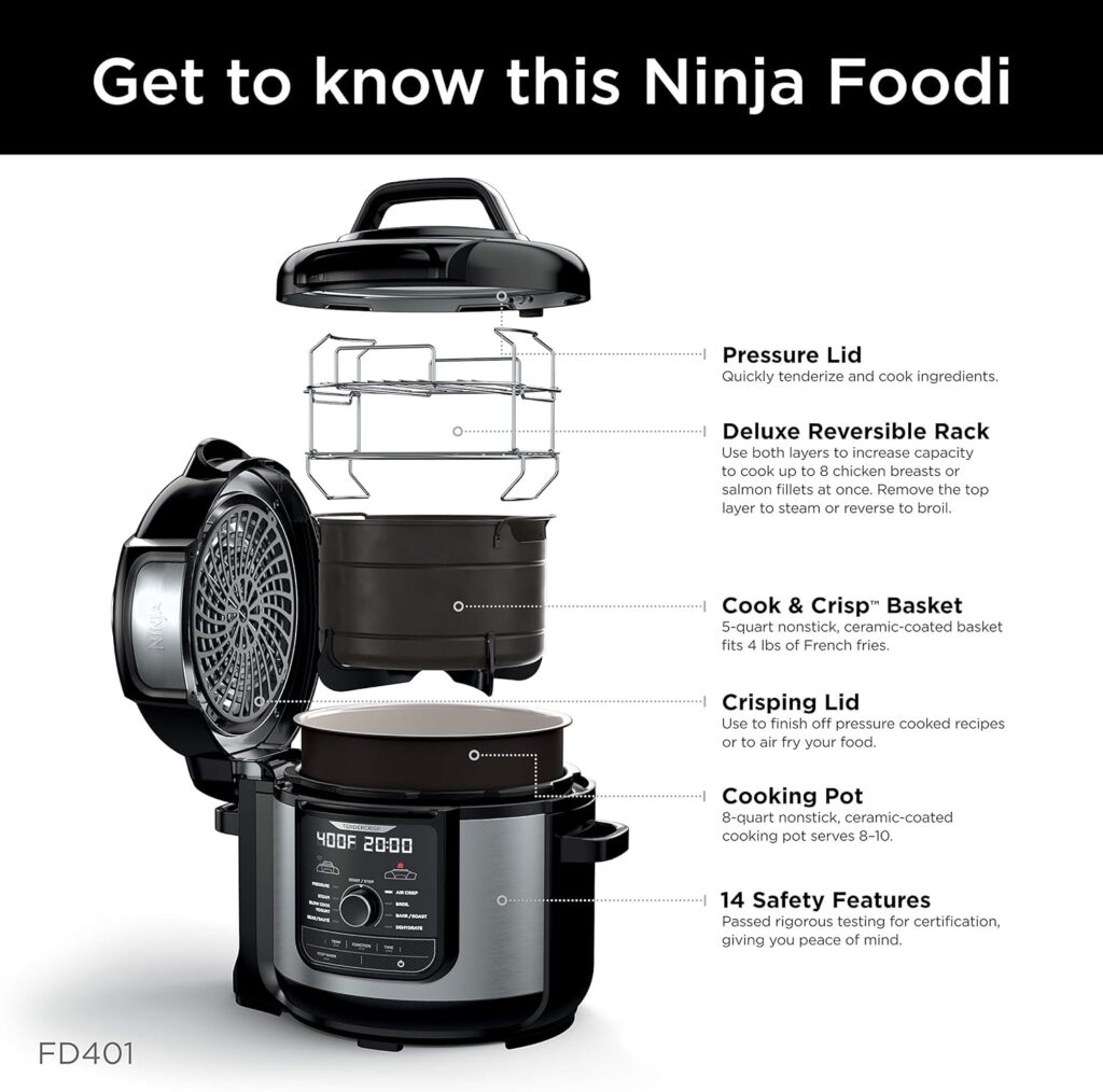 Ninja FD401 Foodi 12-in-1 Deluxe XL 8 qt. Pressure Cooker  Air Fryer that Steams, Slow Cooks, Sears, Sautés, Dehydrates  More, with 5 qt. Crisper Basket, Deluxe Reversible Rack  Recipe Book, Silver