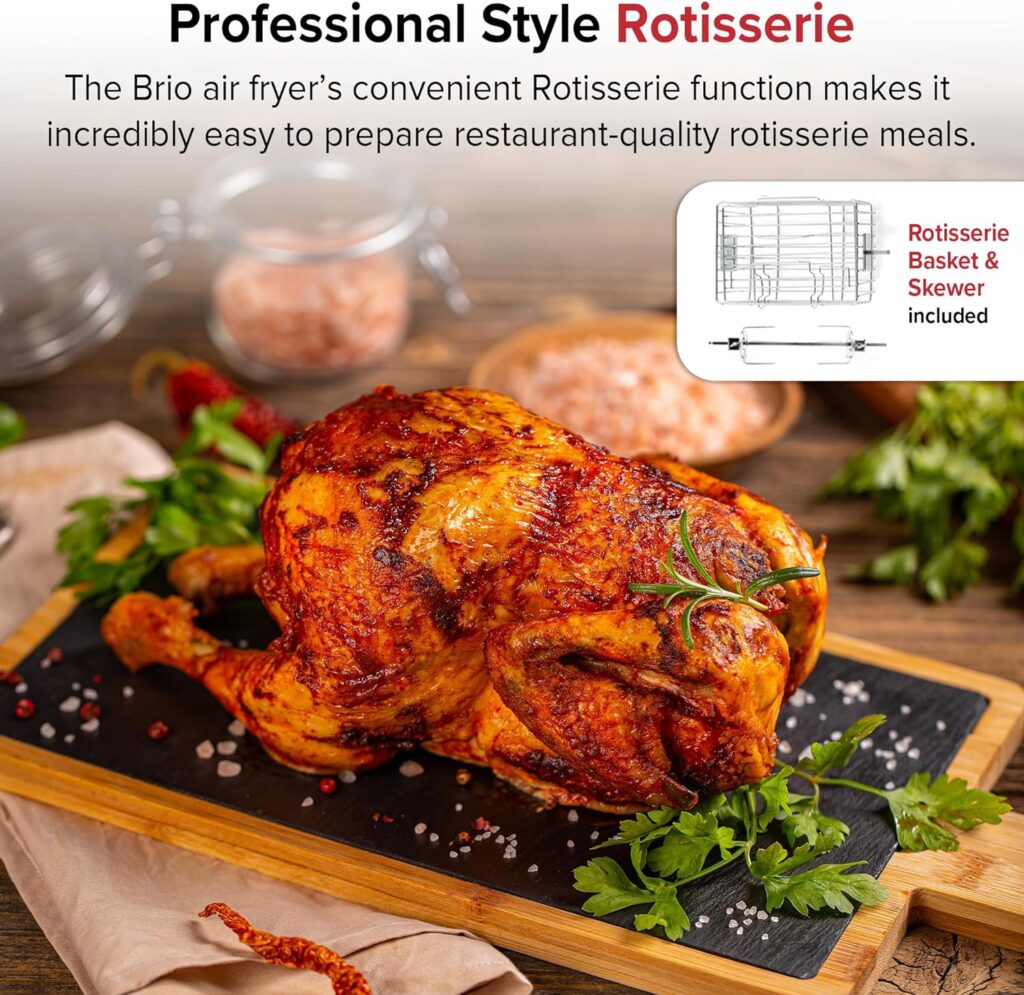 Nuwave Brio 15.5Qt Air Fryer Rotisserie Oven, X-Large Family Size, Powerful 1800W, 4 Rack Positions, 50°-425°F Temp Controls, 100 Presets 50 Memory, Integrated Smart Thermometer, Linear T Technology