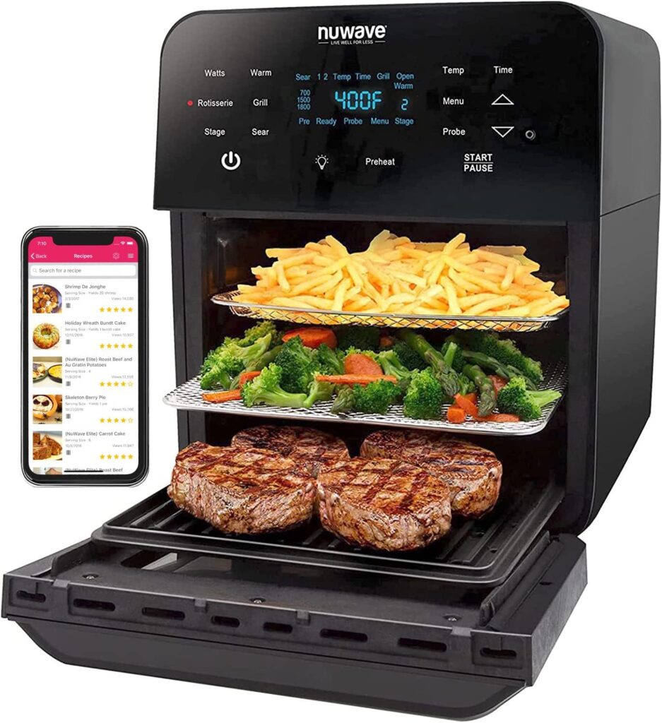 Nuwave Brio 15.5Qt Air Fryer Rotisserie Oven, X-Large Family Size, Powerful 1800W, 4 Rack Positions, 50°-425°F Temp Controls, 100 Presets 50 Memory, Integrated Smart Thermometer, Linear T Technology