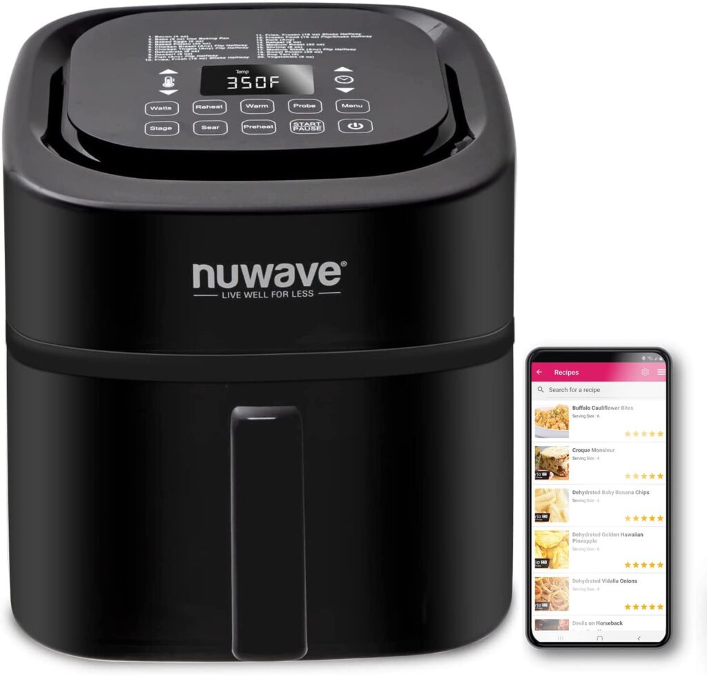 NUWAVE Brio 8-Qt Air Fryer, Powerful 1800W, Easy-to-Read Cool White Display, 50°-400°F Temp Controls, 100 Pre-Programmed Presets  50 Memory Slots, Integrated Smart Thermometer, Linear T Technology