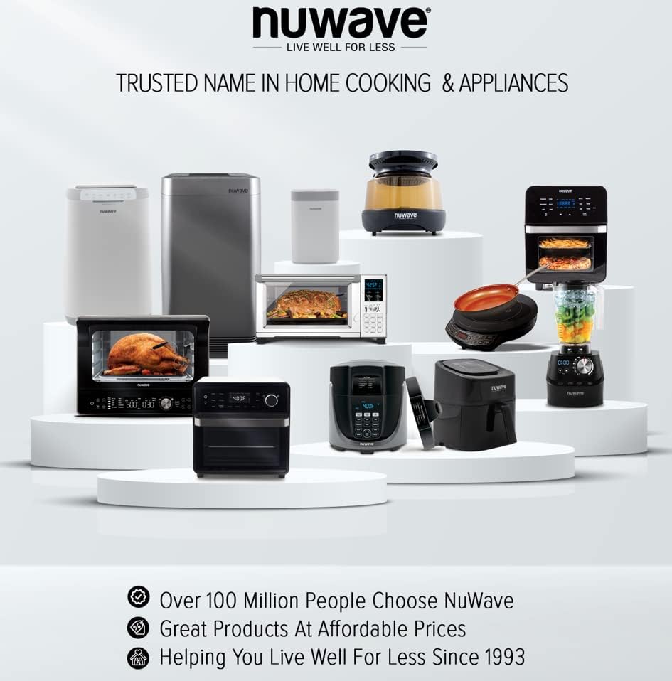 NUWAVE Brio 8-Qt Air Fryer, Powerful 1800W, Easy-to-Read Cool White Display, 50°-400°F Temp Controls, 100 Pre-Programmed Presets  50 Memory Slots, Integrated Smart Thermometer, Linear T Technology