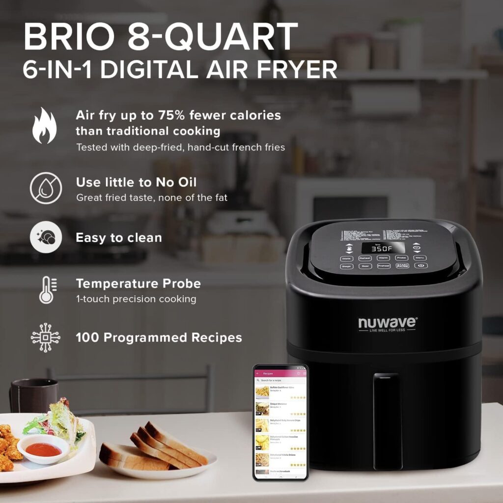 NUWAVE Brio 8-Qt Air Fryer, Powerful 1800W, Easy-to-Read Cool White Display, 50°-400°F Temp Controls, 100 Pre-Programmed Presets  50 Memory Slots, Integrated Smart Thermometer, Linear T Technology