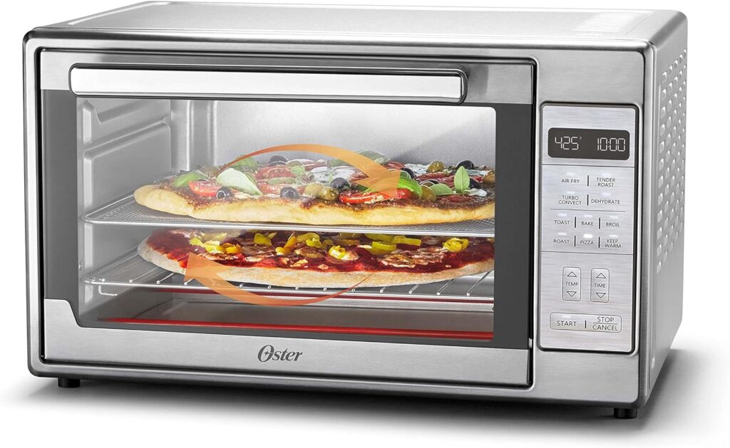 Oster Air Fryer Oven, 10-in-1 Countertop Toaster Oven Air Fryer Combo, 10.5 x 13 Fits 2 Large Pizzas, Stainless Steel,Silver