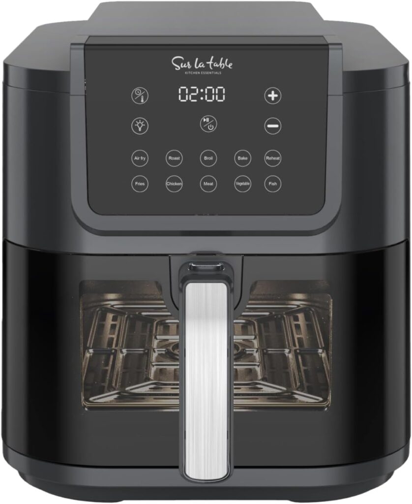 SUR LA TABLE KITCHEN ESSENTIALS 5-in-1 Compact 8-Quart Basket Air Fryer with Window for Easy Viewing, Digital Touchscreen Display with 10-Presets, Air Fry, Bake, Broil and Reheat in Minutes, 1500w