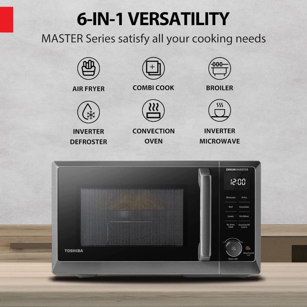 TOSHIBA 6-in-1 Inverter Countertop Microwave Oven Air Fryer Combo, MASTER Series, Healthy Air Fryer, Broil, Convection, Speedy Combi, Even Defrost 11.3 Turntable Sound On/Off, 27 Auto Menu