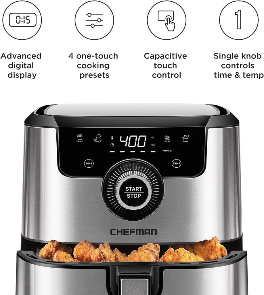 Chefman Electric Indoor Air Fryer + Grill Does It All, Countertop-Size 5-in-1 Unit Can Air Fry, Grill, Roast, Bake, and Broil, Removable Integrated Probe Thermometer Guarantees Perfect Doneness