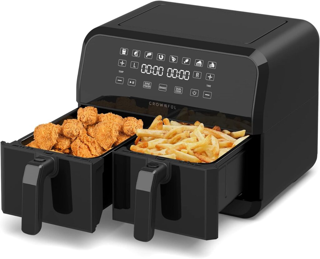 CROWNFUL 8 Quart Air Fryer, 8 in 1 Dual Basket with Independent Temperature Control(50+ Recipes), Dual Cook, Sync Finish and Shake Reminder Function, Dehydrate, 1700W, Black
