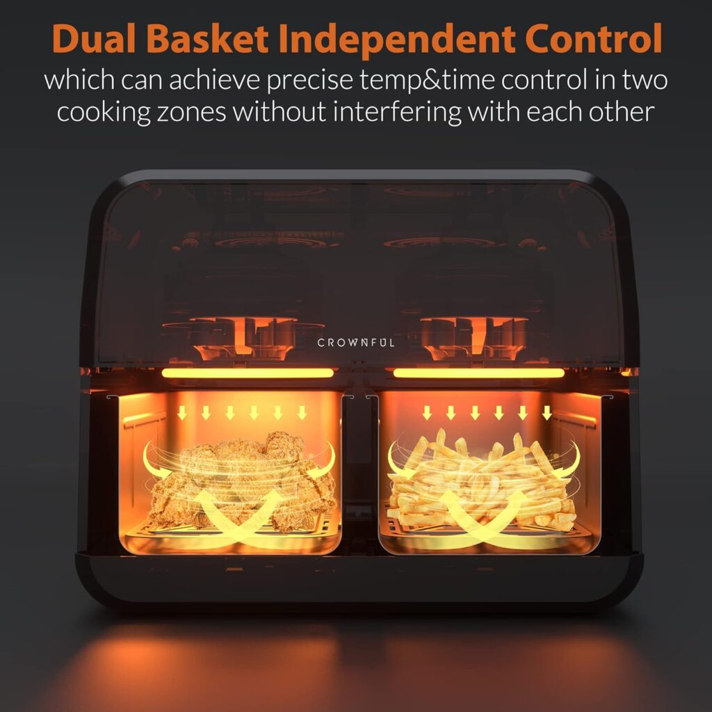 CROWNFUL 8 Quart Air Fryer, 8 in 1 Dual Basket with Independent Temperature Control(50+ Recipes), Dual Cook, Sync Finish and Shake Reminder Function, Dehydrate, 1700W, Black