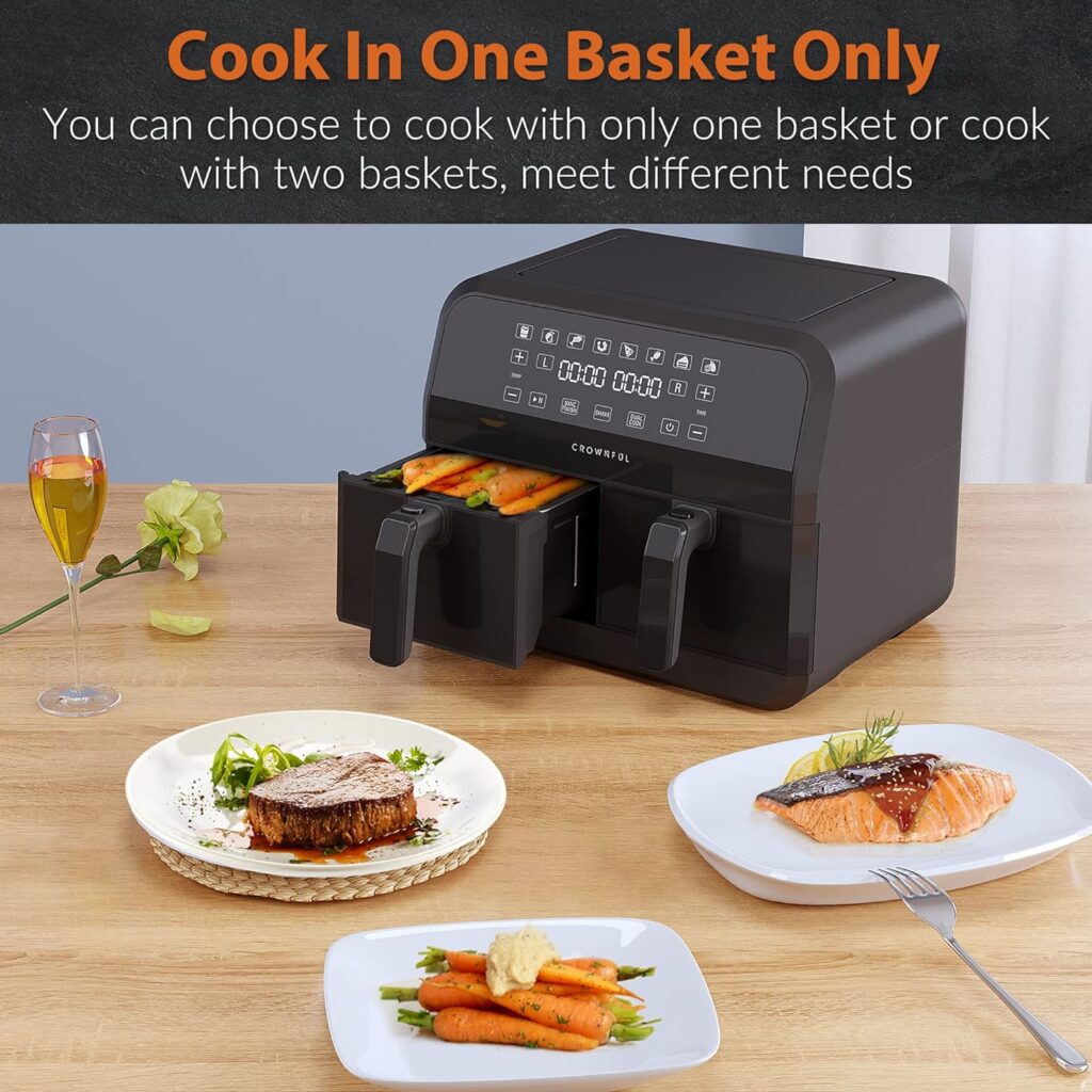 CROWNFUL 8 Quart Air Fryer, 8 in 1 Dual Basket with Independent Temperature Control(50+ Recipes), Dual Cook, Sync Finish and Shake Reminder Function, Dehydrate, 1700W, Black