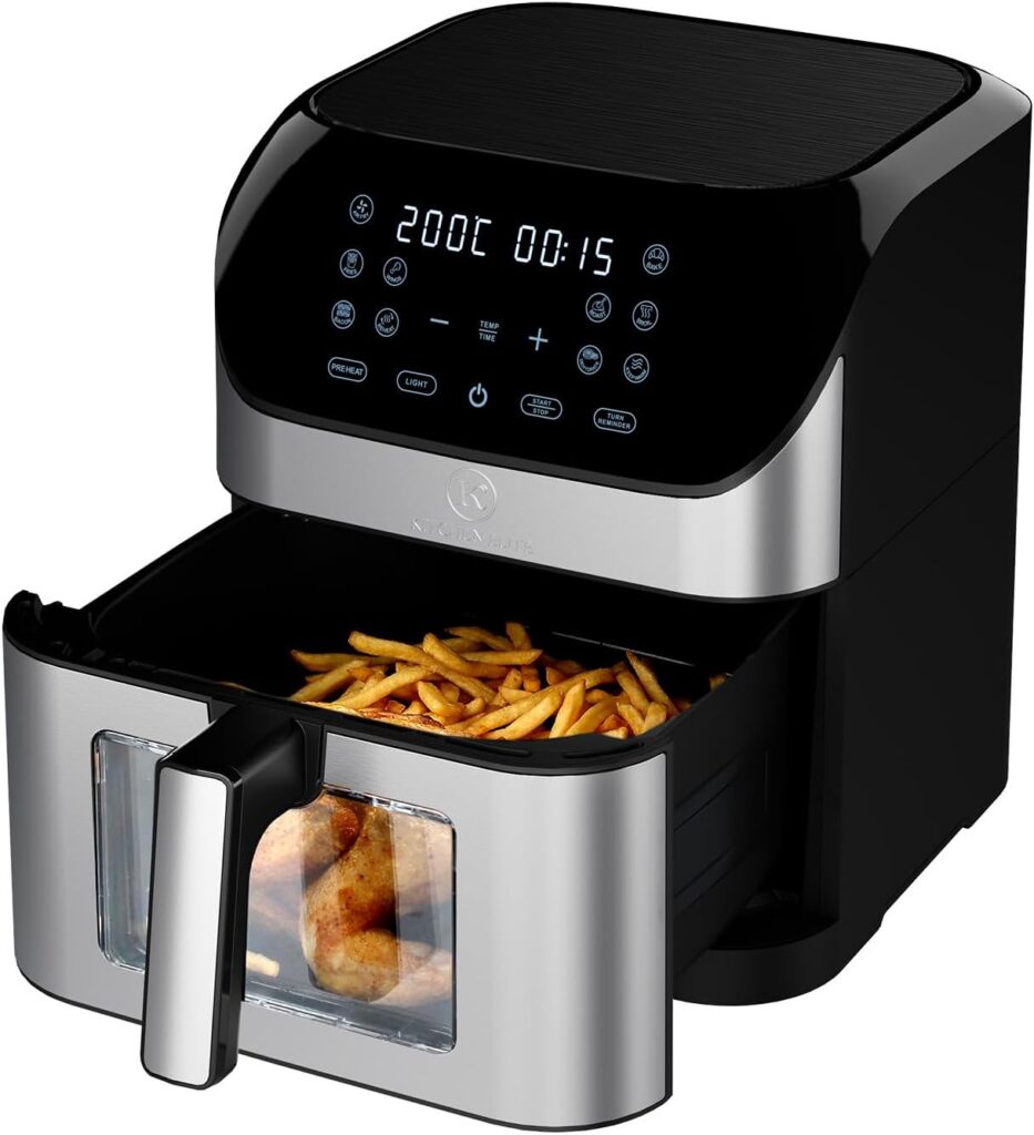Kitchen Elite Air Fryer with 360° turbo airflow technology, 8 Preset Functions, 8 Qt Family Size with Probe Thermometer,Nonstick Square Air Fryer Basket with Window, Auto Shut Off Feature, Black