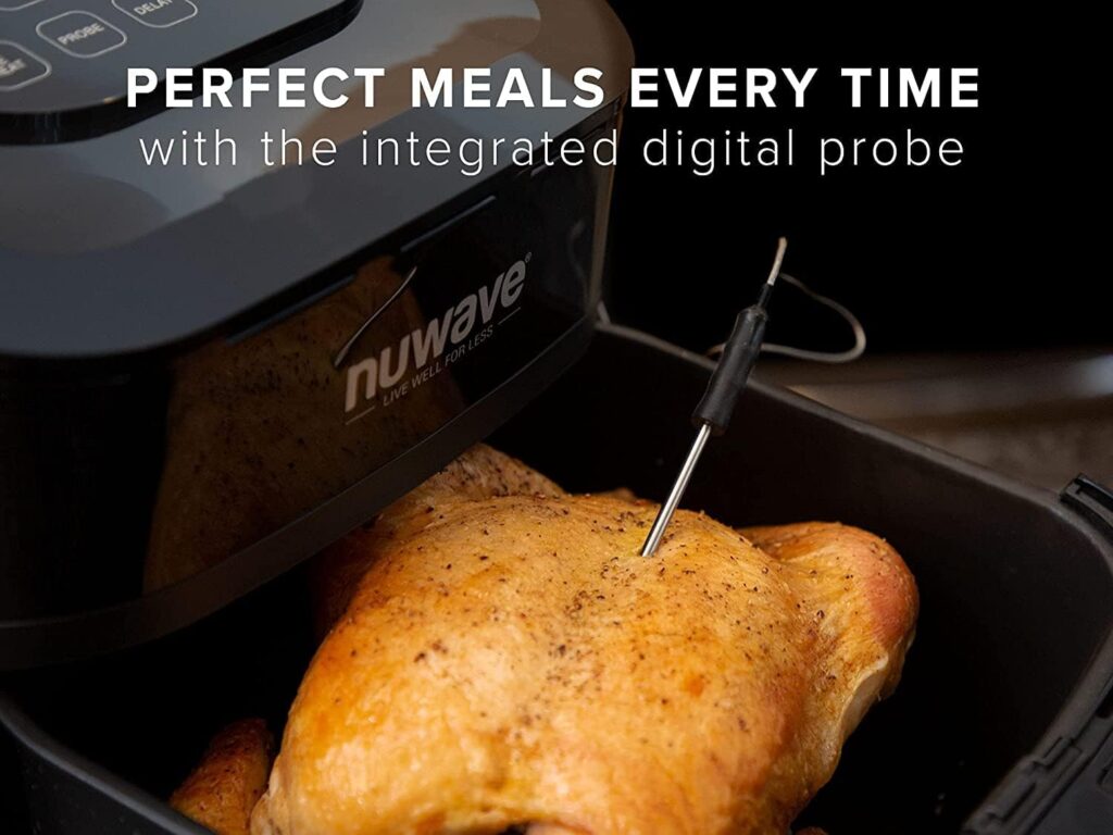 Nuwave Brio 6-Quart Healthy Digital Smart Air Fryer with Probe One-Touch Digital Controls, Advanced Cooking Functions, Removable Divider Insert  Grill Pan (NEW ACCESSORY),Black