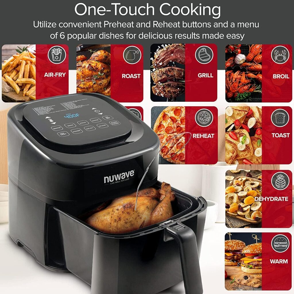 Nuwave Brio 6-Quart Healthy Digital Smart Air Fryer with Probe One-Touch Digital Controls, Advanced Cooking Functions, Removable Divider Insert  Grill Pan (NEW ACCESSORY),Black