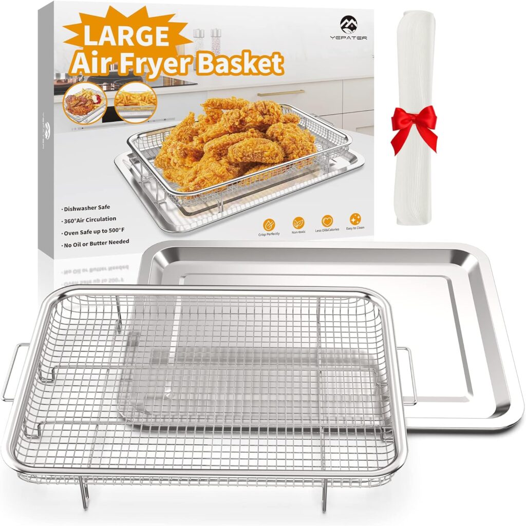 YEPATER Air Fryer Basket,Large Size Air Fryer Basket for Oven,15.6“ x 11.6“ Stainless Steel Air Fryer Pan and Crisper Tray with 30 PCS Parchment Paper for Baking Fries,Bacon,Chicken