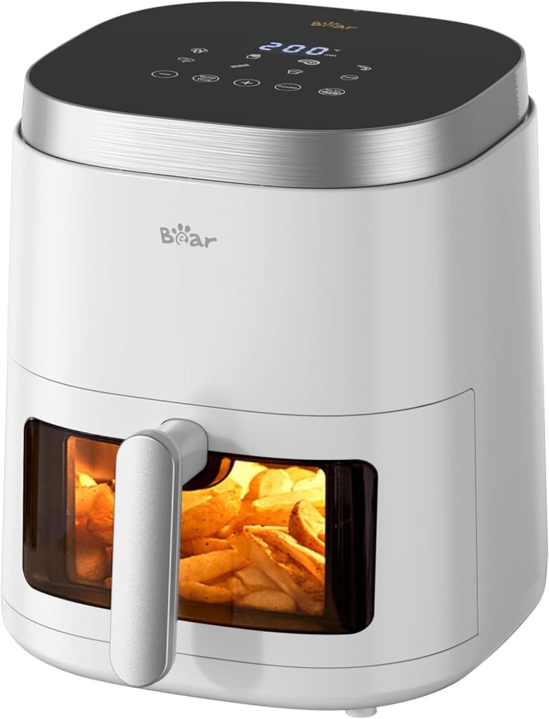 Bear Air Fryer, 5.3Qt for Quick and Oil-Free Healthy Meals, Easy View, Smart Digital Touchscreen, Shake Reminder, Dishwasher-SafeNon-stick Basket, Disposable Paper Liner and Recipes included,White